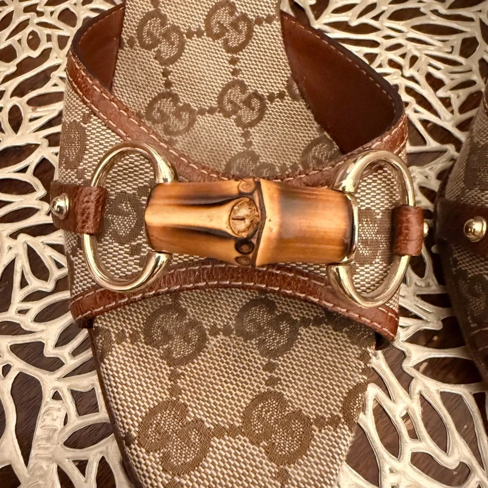 Vintage Gucci Brown Bamboo Logo Mules - Picture 4 of 15